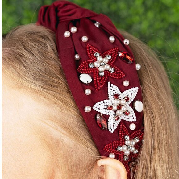 Alabama Roll Tide Crimson Red White Star Beaded Crystal Pearl Football Headband - Picture 2 of 6